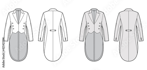 Dinner jacket tuxedo technical fashion illustration with double breasted, long sleeves, peaked collar, low high hem. Flat coat template front, back, white, grey color style. Women, men top CAD mockup