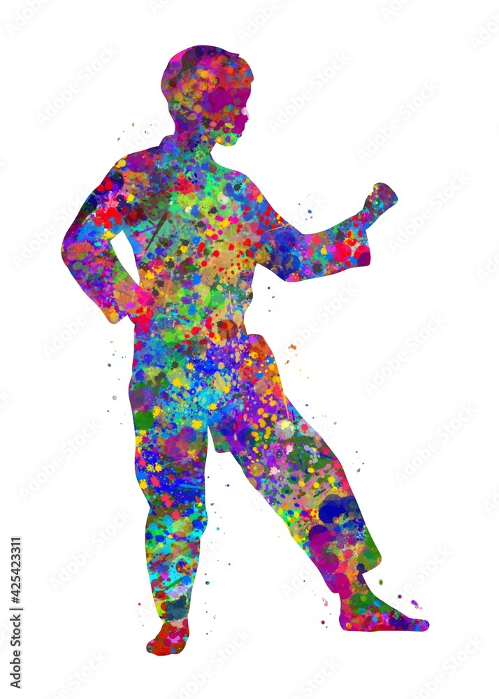 Taekwondo defense watercolor art, abstract painting. sport art print, watercolor illustration rainbow, colorful, decoration wall art.