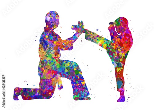 Taekwondo training kids watercolor art, abstract painting. sport art print, watercolor illustration rainbow, colorful, decoration wall art. © Yahya Art
