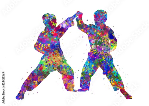 Taekwondo training boy watercolor art, abstract painting. sport art print, watercolor illustration rainbow, colorful, decoration wall art. © Yahya Art