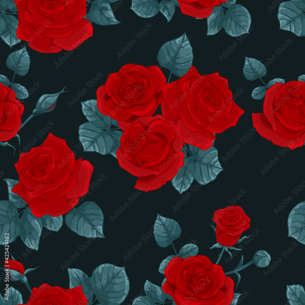 Seamless pattern with red roses and leaves on a black background. Vector illustration