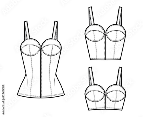 Set of Denim corset tops bustier technical fashion illustration with basque, thin straps, zip-up closure, fitted body. Flat apparel template front, white color. Women, men, unisex top CAD mockup