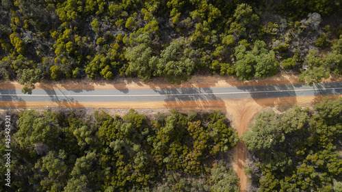 Aerial top view along empty beautiful rural road during sunny day surrounded by forest trees