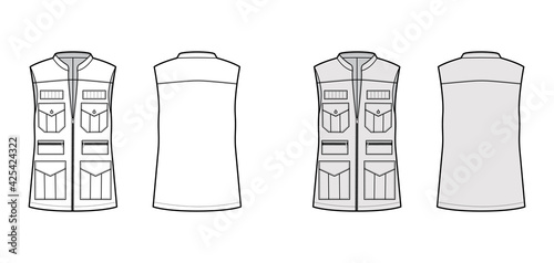 Safari vest waistcoat technical fashion illustration with sleeveless, stand collar, zip-up closure, pockets, oversized body. Flat template front, back, white, grey color. Women, men, unisex CAD mockup