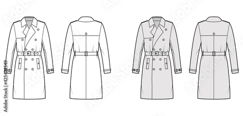 Trench coat technical fashion illustration with belt, double breasted, long sleeves, knee length, storm flap. Flat jacket template front, back, white, grey color style. Women, men, unisex CAD mockup