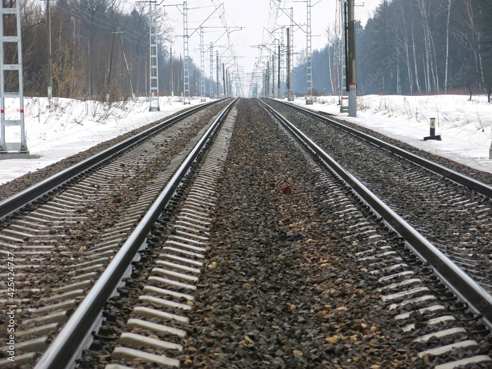 Fototapeta premium railway tracks go off into the distance in the spring