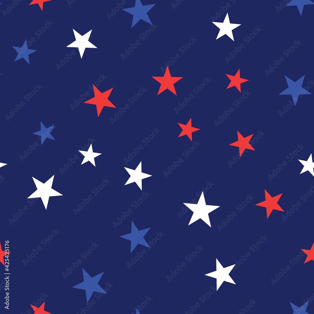 White, Red and Blue Stars with Dots Seamless Pattern