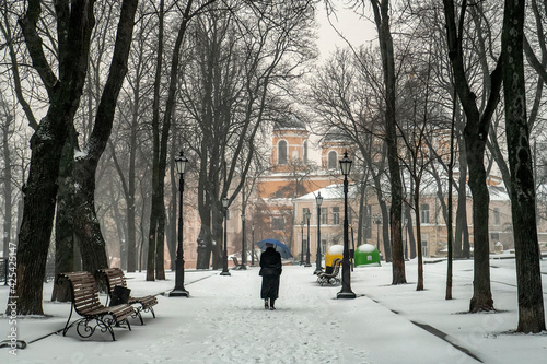 Alley in the historical park Volodymyr Hill in the downtown of Kyiv, Ukraine. March 2021