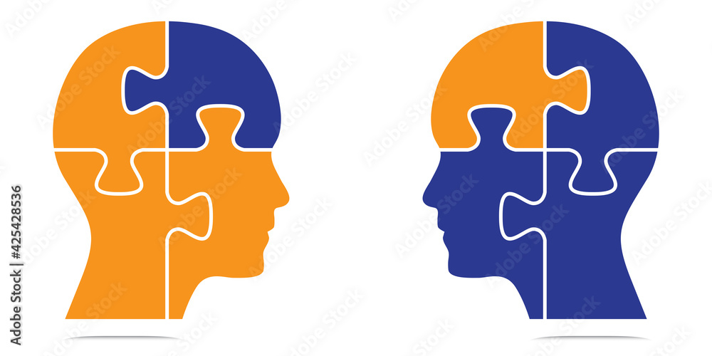 Two abstract heads with puzzle pieces illustration. Heads facing each other with two changed puzzles, to use in business, brainstorming and teamwork. Vector version available in my portfolio. Two abstract heads with puzzle pieces illustration. Heads facing each other with two changed puzzles, to use in business, brainstorming and teamwork. Vector version available in my portfolio.