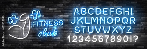 Vector realistic isolated neon sign of Fitness Center with easy to change color alphabet font logo for decoration and covering on the wall background.