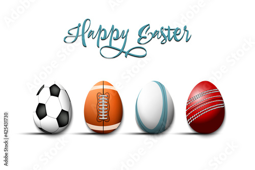 Happy Easter. Eggs in the form of a soccer, football, rugby, cricket ball on an isolated background. Pattern for greeting card, banner, poster, flyer, ad, invitation. Vector illustration