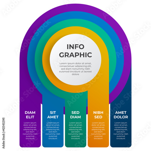 Circle list infographic element template vector, 5 points, options, steps diagram layout.