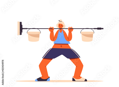 Gym and squat exercise at home during
covid-19 lockdown. Homemade weight training equipment. Improvised barbell. Lifting weights on the mop. Healthy lifestyle. Flat style, isolated vector.