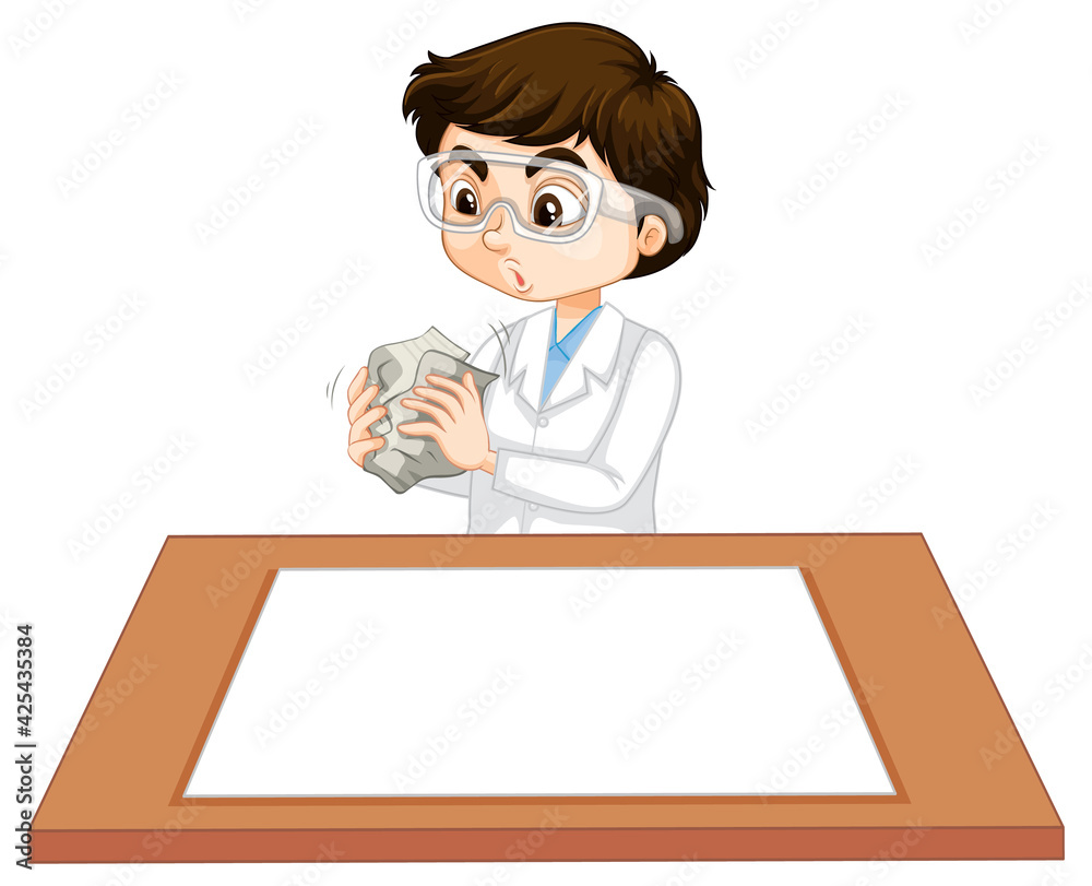 A boy wearing scientist gown with empty paper on the table A boy wearing scientist gown with empty paper on the table