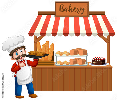 Front of bakery shop with baker isolated on white background