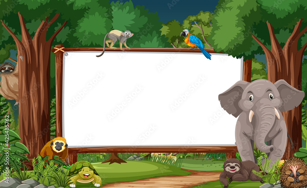 Blank banner in the rainforest scene with wild animals Stock Vector ...