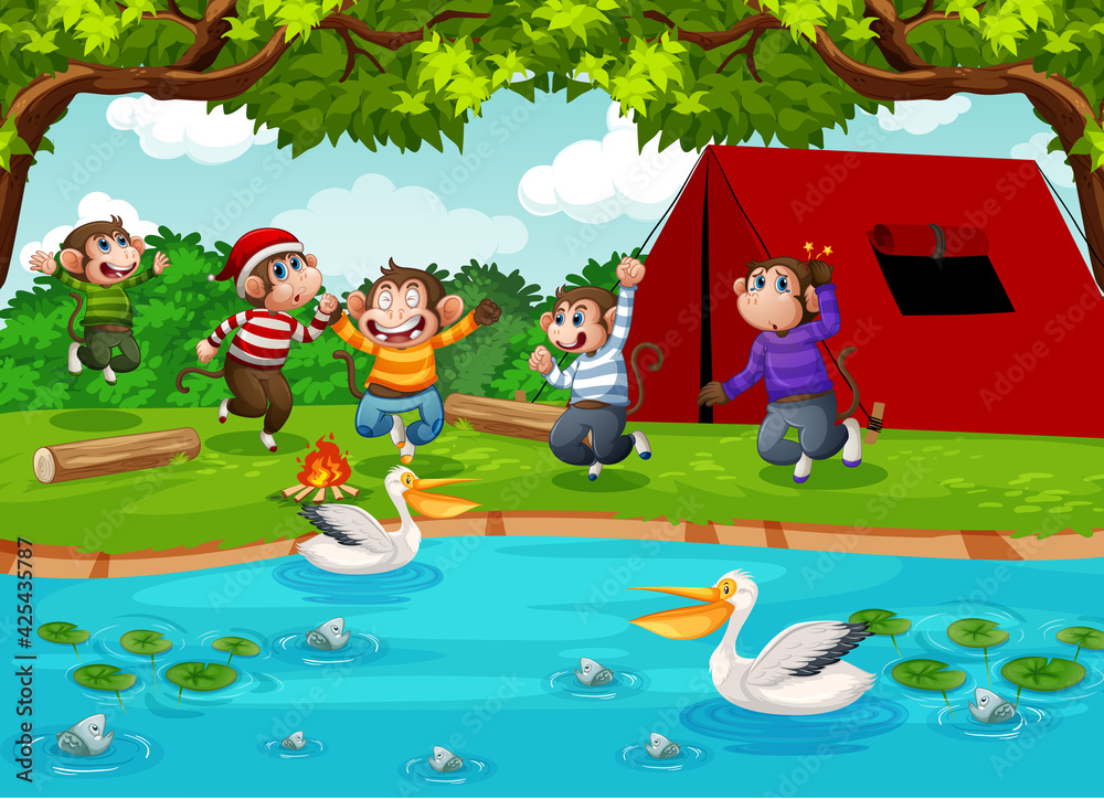 Obraz premium Five little monkeys jumping in the park scene