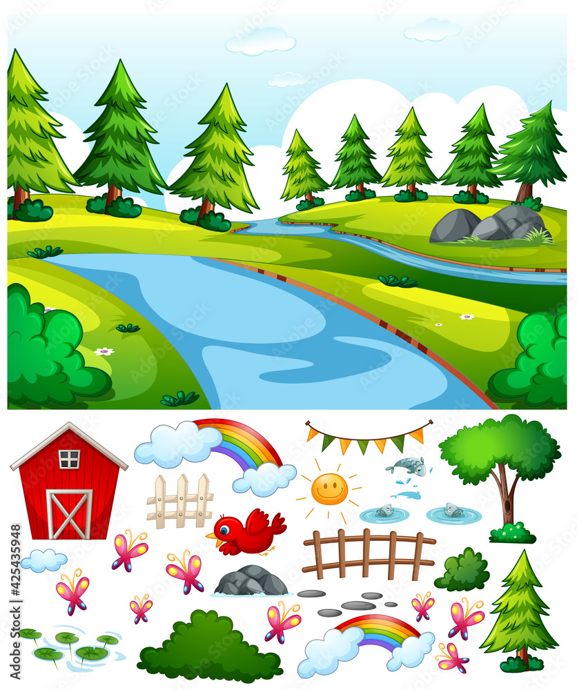 Obraz premium Nature park scene with isolated cartoon character and objects