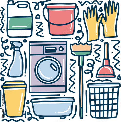 doodle set of cleaning tools hand drawing