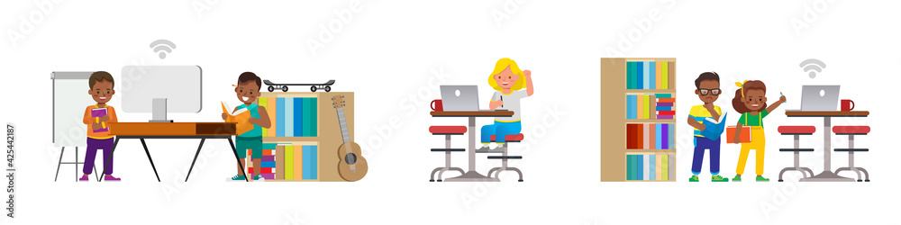 Set of Distance learning online education classes for children during coronavirus. Social distancing, self-isolation and stay at home concept. Character vector design. no3 Set of Distance learning online education classes for children during coronavirus. Social distancing, self-isolation and stay at home concept. Character vector design. no3