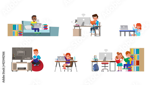 Set of Distance learning online education classes for children during coronavirus. Social distancing, self-isolation and stay at home concept. Character vector design.