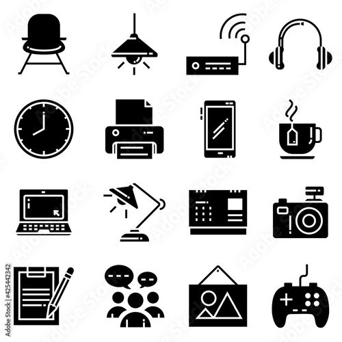 Set of workspace glyph icon vector design. Includes computer, community, coffee, printer and more. photo