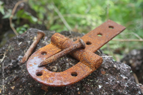 old and rusty hinge on the farm on a rock by Christian Gintner