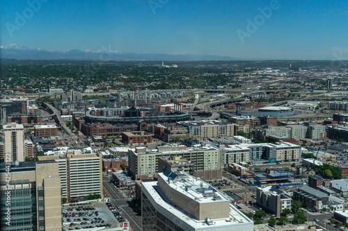 View of downtown Denver Colorado  baseball stadium  and rocky mountains