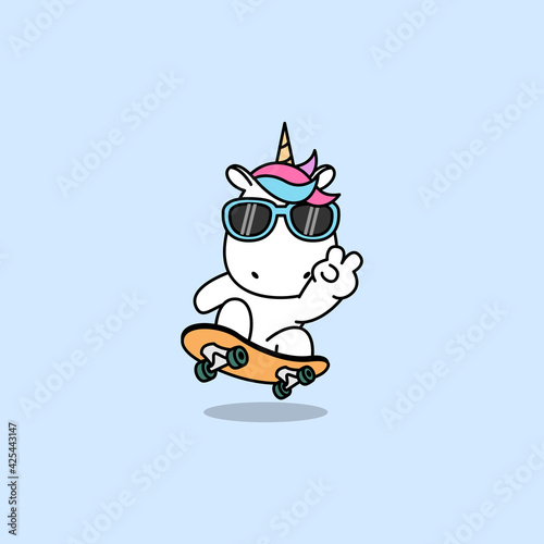 Cute unicorn playing skateboard cartoon, vector illustration
