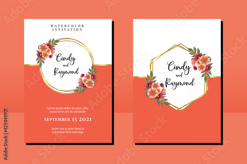 Wedding invitation frame set, floral watercolor hand drawn Zinnia and Pansy Flower design Invitation Card Template
