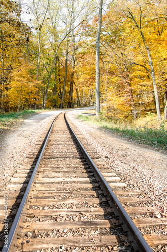 Beautiful scenery of countryside railway track with yellow forest, depth of field. Rural transportation by train, nature route journey in sunny day. Colorful landscape background of travel.