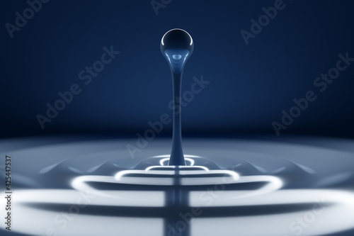 3D illustration a black petroleum drop of oil falls into a large container with waves on blue background. Close up of a black water drops