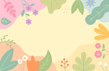Card illustration decorated with cute flowers and leaves on the edge. Simple pattern design template.