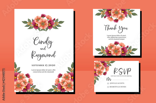 Wedding invitation frame set, floral watercolor hand drawn Zinnia and Pansy Flower design Invitation Card Template