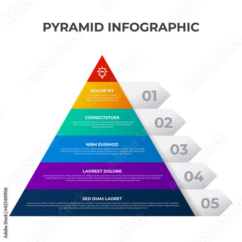 Pyramid list infographic element template with 5 point, bullet, triangle shape, row diagram with level for presentation, etc