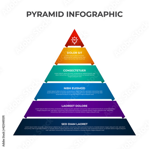 Pyramid list infographic element template with 5 point, bullet, triangle shape, row diagram with level for presentation, etc