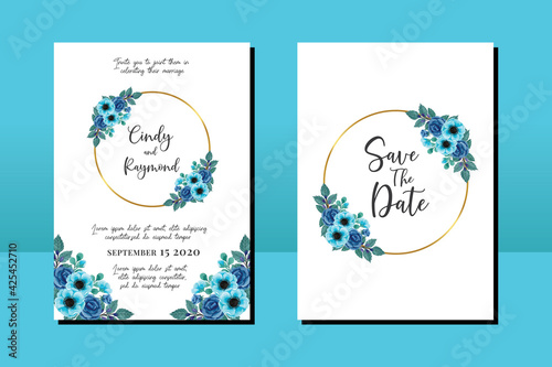 Wallpaper Mural Wedding invitation frame set, floral watercolor hand drawn Blue Rose and Anemone Flower design Invitation Card Template Torontodigital.ca