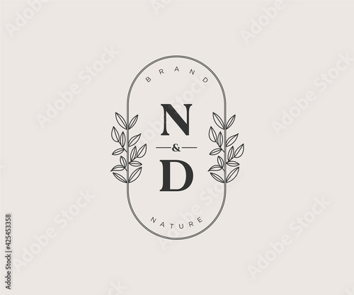 initial ND letters Beautiful floral feminine editable premade monoline logo suitable for spa salon skin hair beauty boutique and cosmetic company.