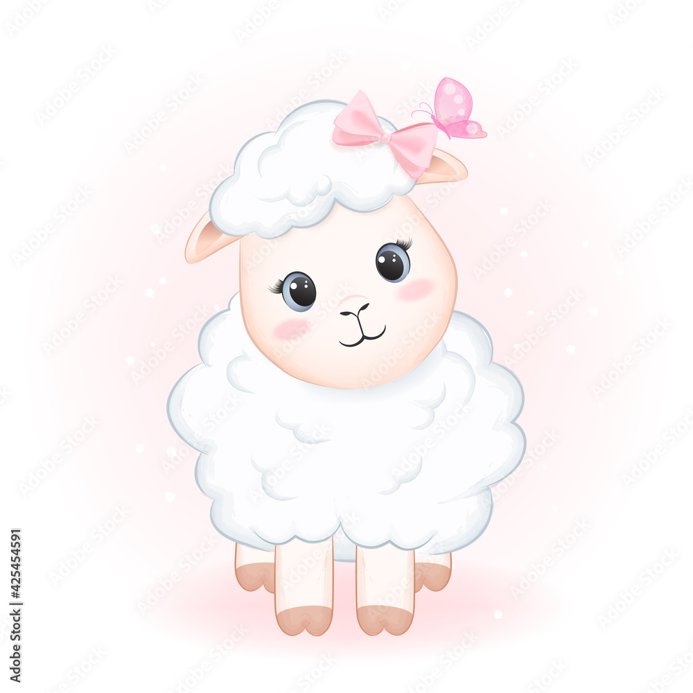 Cute little sheep and butterfly hand drawn cartoon animal illustration Cute little sheep and butterfly hand drawn cartoon animal illustration