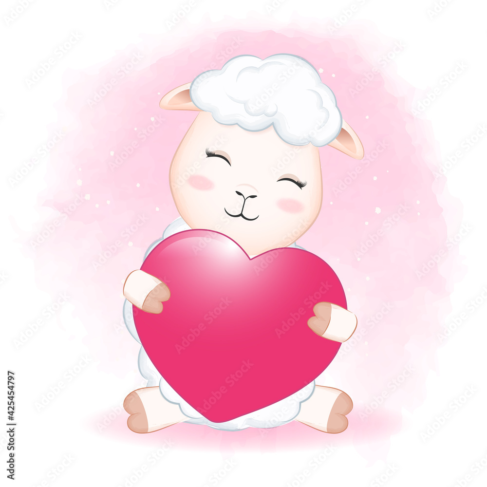 Fototapeta premium Cute Little Sheep and heart cartoon hand drawn illustration