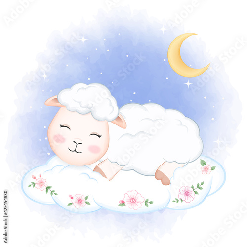 Cute little sheep sleeping on the cloud hand drawn animal watercolor illustration