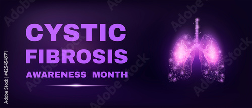 Lungs. Cystic Fibrosis awareness month concept. Banner template with glowing low poly. Modern abstract dark background. Vector illustration.