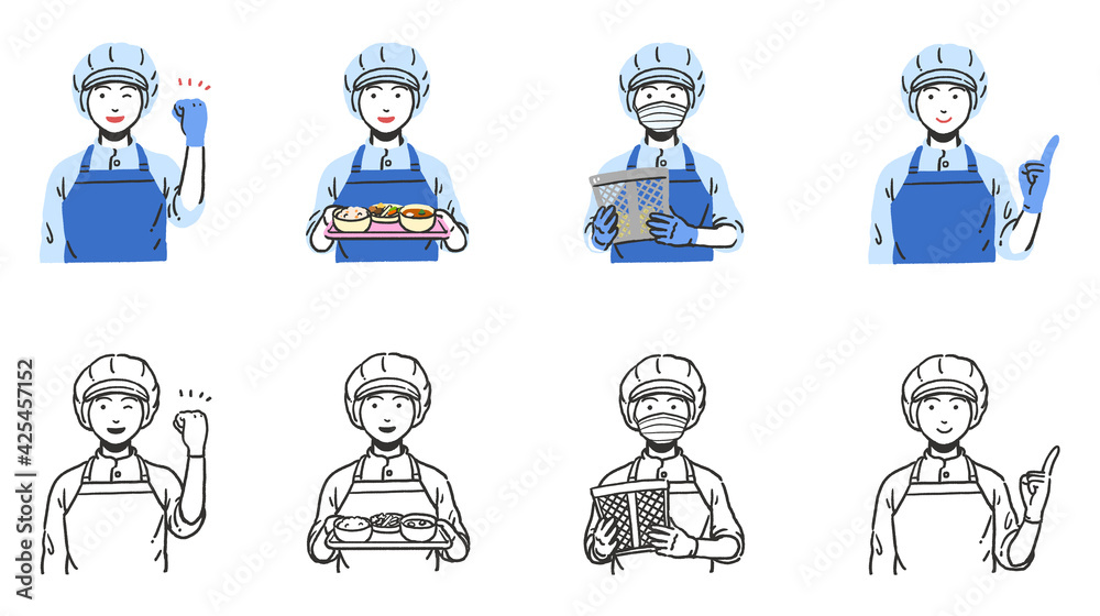 給食調理や配膳を行う女性のシンプルな上半身セット Stock Illustration Adobe Stock
