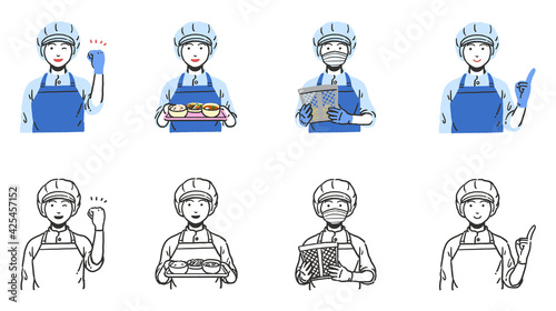 給食調理や配膳を行う女性のシンプルな上半身セット Stock Illustration Adobe Stock