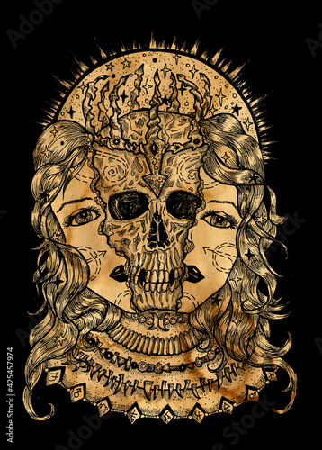 Black and gold illustration with halves of woman face and scary skull between them.