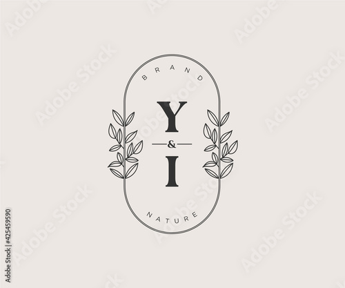 initial YI letters Beautiful floral feminine editable premade monoline logo suitable for spa salon skin hair beauty boutique and cosmetic company.logo; flower; floral; template; golden; corpor photo