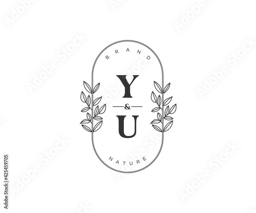 initial YU letters Beautiful floral feminine editable premade monoline logo suitable for spa salon skin hair beauty boutique and cosmetic company.logo; flower; floral; template; golden; corpor photo