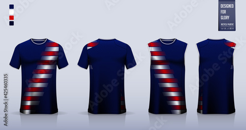 Blue T-shirt sport, Soccer jersey, football kit, basketball uniform, tank top, and running singlet mockup. Fabric pattern design. Vector.