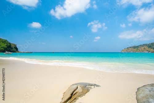 Fototapeta Naklejka Na Ścianę i Meble -  Phuket beach sea sand and sky. Landscape view of beach sea in summer day. Beach space area. At Karon Beach, Phuket, Thailand. On 02 April 2020. 4K UHD. Video Clip. Nature and travel concept.