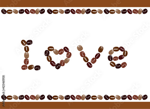 コーヒーのイラスト。かわいいコーヒー豆のイラストとアルファベットのメッセージ入り。アイコンイラスト。